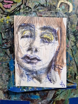 Female Face Closed Eyes Abstract Acrylic and Pen  ATC OOAK ORIGINAL 3.5 x 2.5 in - Image 1 of 3