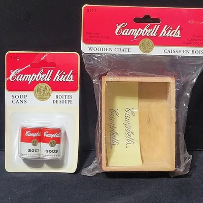 Lot Of 2 Vintage 1995 Campbells Kids Collectible Mini Soup Cans & Wooden Crate - Image 1 of 4