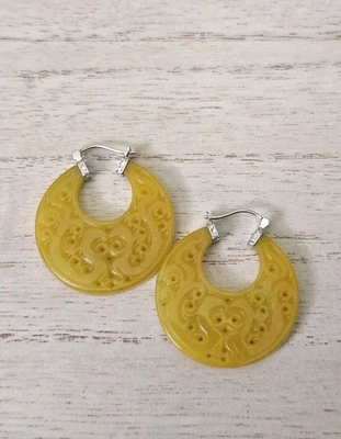 Djoy Sterling silver bright Golden Yellow Jade carved 1.5" Hoop earrings - Image 1 of 4