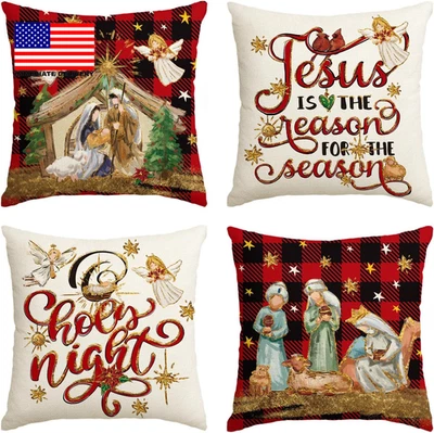 Christmas O Holy Night Jesus Cardinal Buffalo Plaid Throw Pillow Covers, 18 X 18 - Image 1 of 4