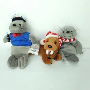 Lot of 3 Coca Cola Bean Bag Plush Seal Scarf Blue Suit Walrus Xmas Hat w/ Tags - Picture 1 of 7