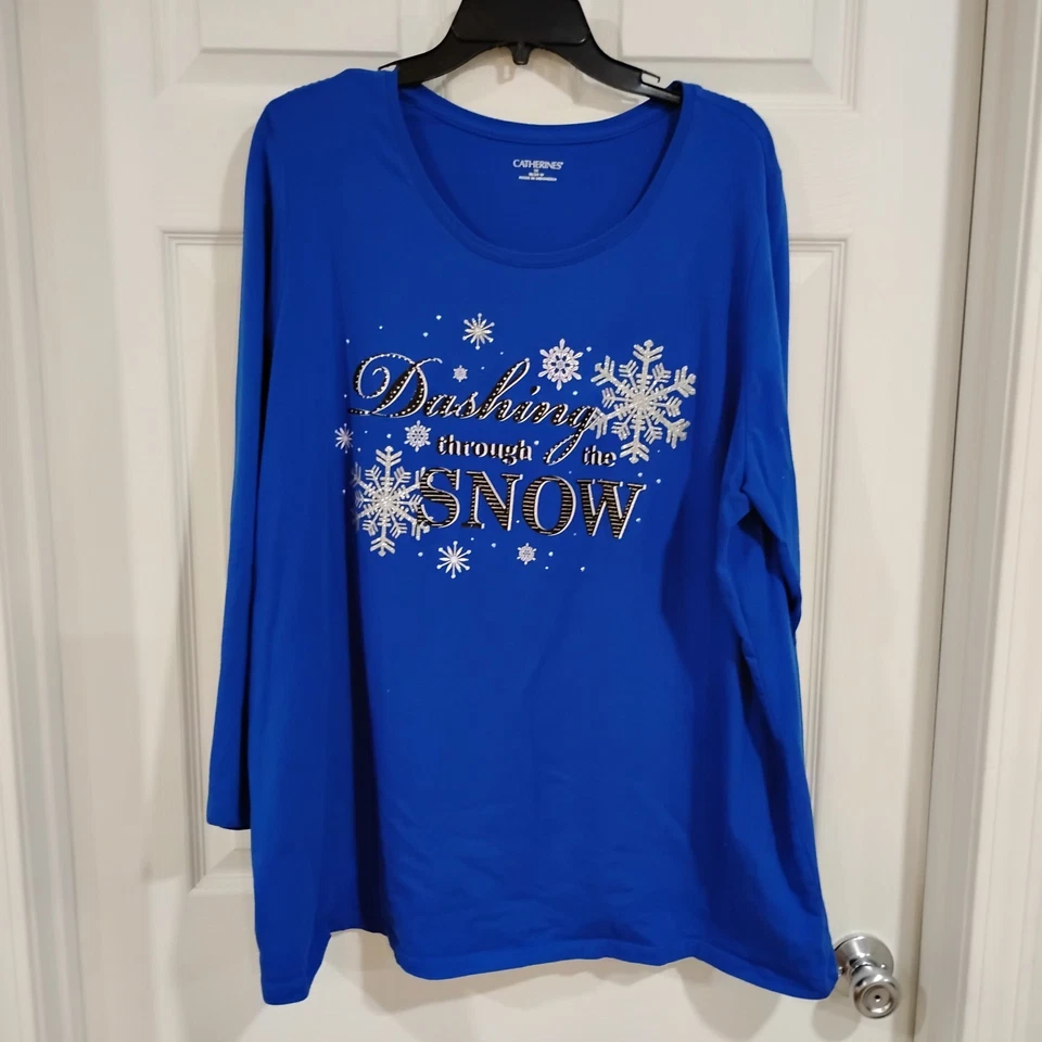 Pullover Catherines Azul Navidad 1X 18/20 Corriendo a Través de la Nieve Brillo  Foto 1 de 4