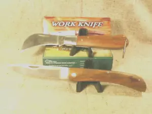 Lot of 2 Work Utility Knives Hawkbill Lockback Blade & Sodbuster Wood Handles 4" - Picture 1 of 11