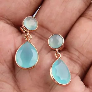Aqua Chalcedony Teardrop Rose Gold Band Brass Earrings Jewelry For Women & Girls - Picture 1 of 6