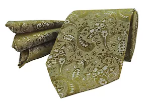 Gold Green Silky Paisley Tie & Pocket Square Napkin paisley Hanky 198 UK - Picture 1 of 8