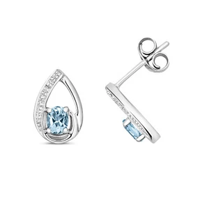 Diamond Stud Earrings 9ct White Gold Ladies with Aquamarine - 11mm*7mm - Picture 1 of 1