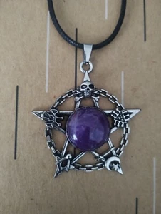 Purple Skull Star Moon Chain Ring Pendant on Leather Cord Necklace New - Picture 1 of 1
