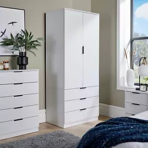 Wardrobe 2 Door 3 Drawers White Bedroom Home Furniture Clothing Storage Shelf - Picture 1 of 9