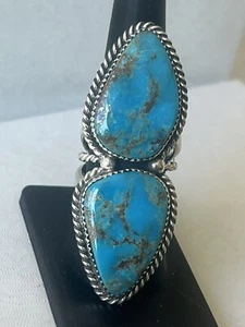 2 stone Kingman Turquoise Sterling Silver Sz9 Byrd Navajo Avin Joe R0253 - Picture 1 of 6