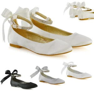 Womens Flat Bridal Shoes Bow Diamante Ankle Strap Ladies Satin Ballet Pumps 3-9 - Picture 1 of 41