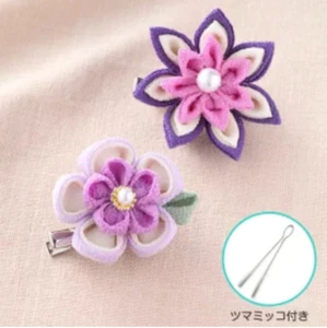 Tsumami Zaiku Flower Brooch DIY Kit (2pcs) with Chirimen & Tool Made in Japan - Picture 1 of 3