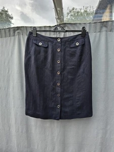 Jaeger Dark Blue Linen Silk Viscose Blend Button Front Pencil Skirt UK 16 New - Picture 1 of 4