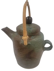Studio Art Pottery Tea Pot Bamboo Handle Artist Signed 6.75” Vtg - Picture 1 of 10