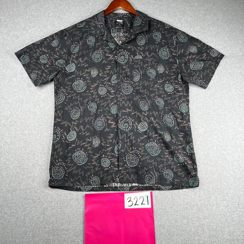 Рубашка Billabong из конопли большая черная цветная с племенным принтом на пуговицах короткий рукав - Изображение 1 из 4