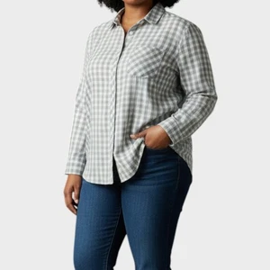 Hawthorne Womens 3XL Cotton Poly Gray White Check Button Front Shirt  - Picture 1 of 7