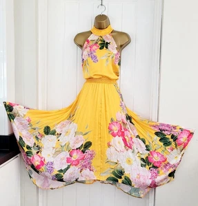 LIPSY size 14 Yellow Satin Floral Hanky Hem Pleated Floaty Wedding Races Dress - Picture 1 of 7