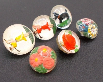 Vintage Painted Under Glass Buttons Paperweight Golfers Scottie Dog Flowers 6 pc - Image 1 of 4