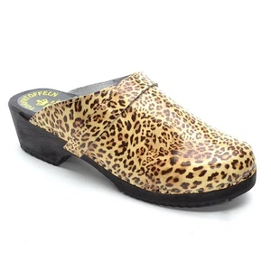 Ladies Torpatoffeln Lotta Swedish Wooden Clogs 39 / 9 Leopard Print Patent Shoes - Picture 1 of 6