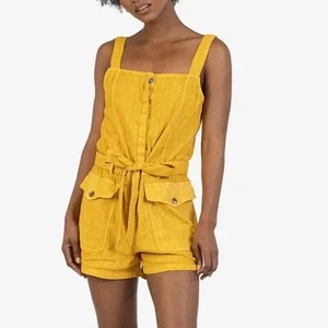Kut From The Kloth Saima Linen Blend Tie Waist Shortall‎ Romper Mustard Small - Picture 1 of 9