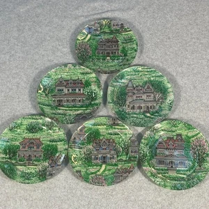 Set 6 piatti decoupage vintage vittoriani casa giardino marcati Francia 7 in piatto - Foto 1 di 13
