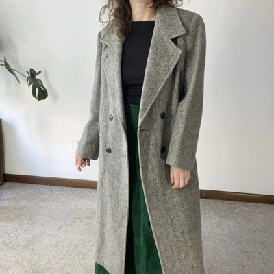 VINTAGE 90s HERMAN KAY Wool Herringbone Longline Pea Coat Jacket Size 10 Medium - Image 1 of 4