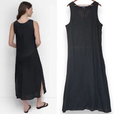 DKNY Womens Black Linen Mixi Dress XL Side Slit V-neck Travel Beachy Lagenlook - Image 1 of 4