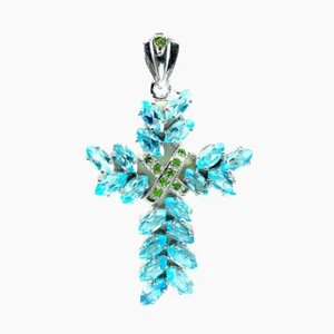 AAA SWISS BLUE TOPAZ & CHROME DIOPSIDE CROSS PENDANT 925 STERLING SILVER 14K WGP - Picture 1 of 3