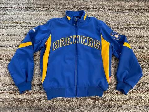 MLB Milwaukee Brewers Jacket Cooperstown Collection Majestic Mens Small Blue LS Cover