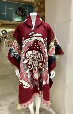 HANDMADE ALPACA WOOL PONCHO, Unisex Red Mushroom, Soft & Warm, Made In Ecuador - Image 1 of 4