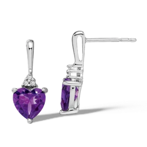 14K Solid White Gold Amethyst Diamond Heart Dangle Earrings - Picture 1 of 4