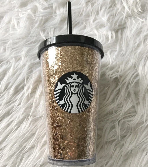 Nuevo vaso Starbucks negro oro rosa brillante brillo taza fría 16 oz acrílico grande Foto 1 de 1