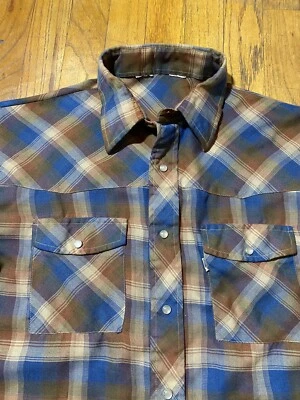 Vintage 70s Levi's Plaid Pearl Snap Shirt Western Medium Brown Blue Cowboy - Image 1 of 4