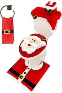 5 Pieces Christmas Bathroom Decoration Set - Toilet Seat Cover, Rugs Santa Towel - Picture 1 of 8