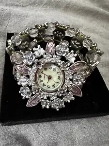 Floral Butterfly Watch Women Purple Silver Tone Stretch Band Bracelet C2 - Picture 1 of 8