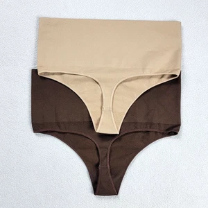 Quince Shapewear Mutandine Perizoma Alta Donna Taglia Media Marrone Beige Confezione da 2 - Foto 1 di 9