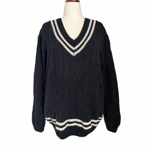 Brandy Melville Wolle Zopfmuster Varsity College V-Ausschnitt Pullover marineblau weiß - Bild 1 von 11