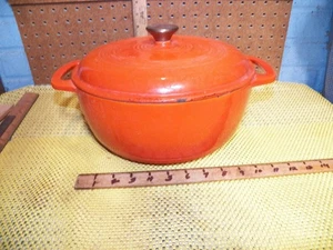 Vintage GOURMET LIVING Orange Cast Iron Enamel Pot w/ Lid - Picture 1 of 7
