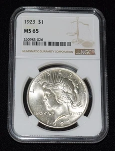 1923-P NGC MS65 $1 Silver Peace Dollar Lightly Toned - Picture 1 of 14