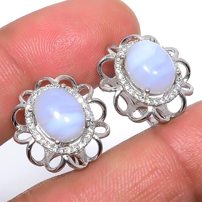 Blue Lace Agate & Cubic Zirconia 925 Sterling Silver Earring 0.7" T65 - Image 1 of 4