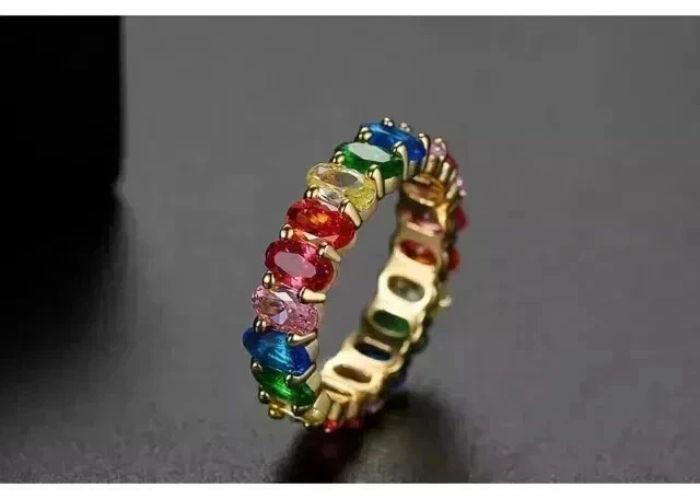 Anillo de eternidad completo multicolor de corte ovalado de 2,70 quilates enchapado en oro amarillo de 14 quilates Foto 1 de 4