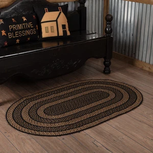 Accent Rug Black & Tan Jute Primitive 36x60 Oval Braid No Slip Floor VHC Brands - Picture 1 of 6