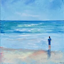 Man On The Beach Painting Original Art Canvas Artwork Impasto 14 by 14 in