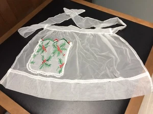 Vtg Sheer Christmas Hostess Apron - Holly & Berry Embroidery on Over Size Pocket - Picture 1 of 5