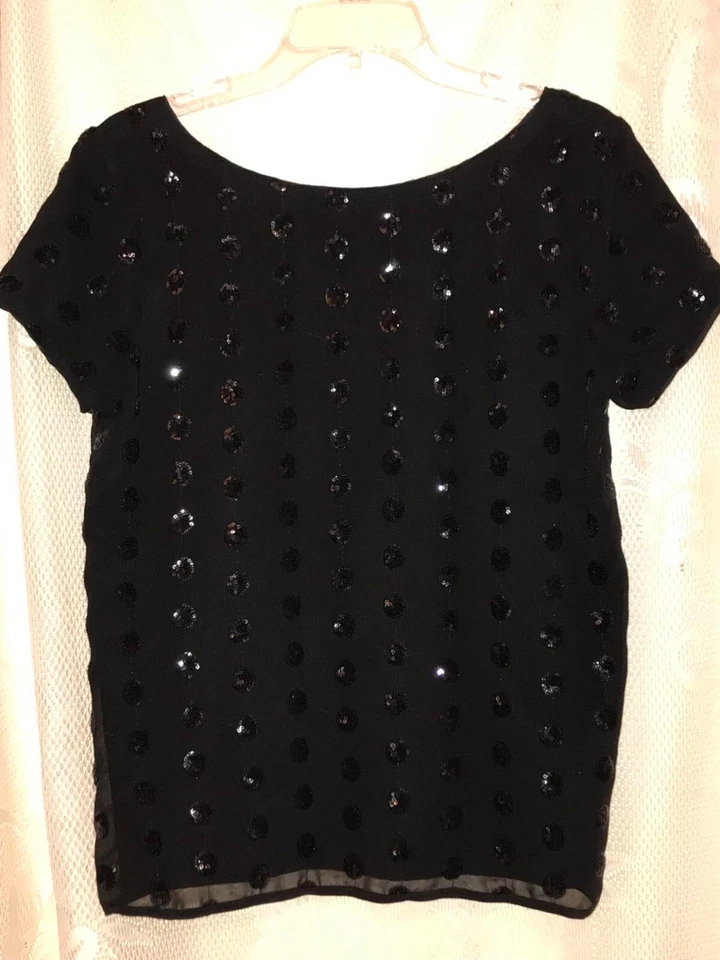 Женский черный топ Milly с коротким рукавом с блестками в горошек с глубоким круглым декольте сзади размер 6 - Изображение 1 из 4