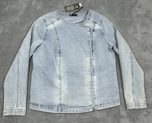 NEW Diane Gilman DG2 Jacket Womens Large Blue Denim Asymmetrical Zippers Pockets - Picture 1 of 16