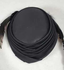 Vintage Pleated Black Pillbox Hat With Feathers Hat Box 40s 60s Halloween Retro - Picture 1 of 24