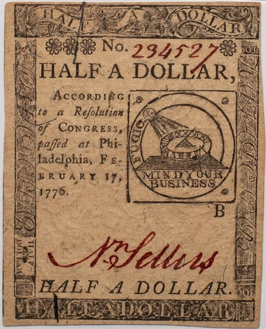 Fr. CC-21, PMG 58EPQ,  Feb 17, 1776, $1/2 Fugio Continental Currency Cover