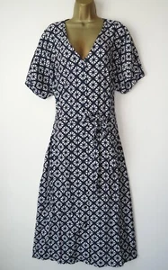 PAPAYA NAVY WHITE TILE PRINT BUTTON FRONT MIDI SHIRT SUN DRESS SIZE 16 POCKETS - Picture 1 of 4