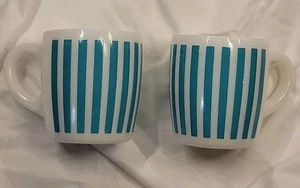 Hazel Atlas Türkis Weiß Bonbon Streifen Becher Milchglas 2er Set - Bild 1 von 6