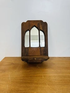 Vintage Wooden Wall Shelf Mirror 17 X 11 Candle Antique Brown Cathedral/ Cottage - Picture 1 of 9